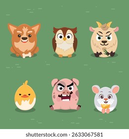 cute farm animal sets egg shape dog owl goat chick pig mouse flat vector illustration 