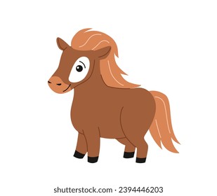 Cute farm animal. Sticker with beautiful little horse with mane. Farm pony or foal. Agricultural livestock. Design element for print. Cartoon flat vector illustration isolated on white background