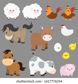Cute Farm Animal Vector Illustration Set on Grey