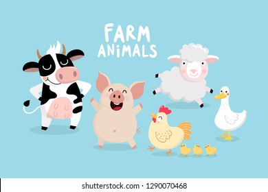 Cute Farm Animal Vector Set. Cow, Pig, Chicken, Chicks, Sheep And Duck Cartoon Character Collection. Kawaii Style.