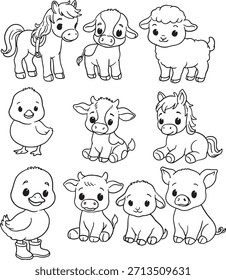 Lindo conjunto de Vector de animales de granja con caballos, vacas, ovejas, cerdos y polluelos en varias poses. Ilustración de dibujos animados ideal para los diseños de los niños, temas de agricultura, materiales educativos, decoración de la guardería.