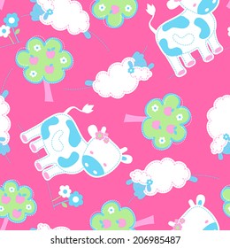 Cute farm animals with apple trees seamless pattern .