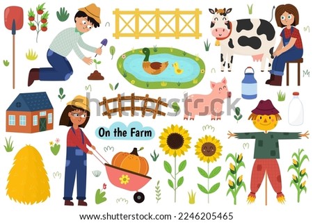 Cute farm animals big set with animals and farmers. Girl milking a cow, boy planting a sprout, pig, duck with duckling on the lake, scarecrow, hay and other objects. Garden and agriculture collection