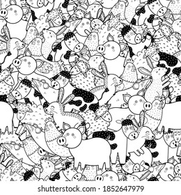 Cute farm animals black and white seamless pattern. Coloring page with funny doodle characters. Perfect for coloring book. Vector illustration