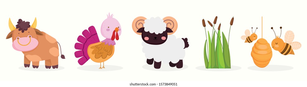 cute farm animals:  bull, goat, turkey, bees, plants vector illustration
