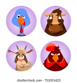 Cute farm animals cartoon illustration. Set of flat style vector avatars of animals.