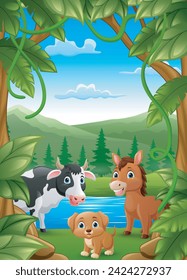 Cute farm animals cartoon in the jungle