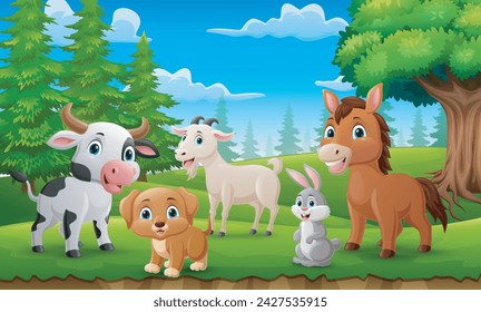 Cute farm animals cartoon in the jungle