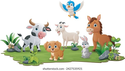 Cute farm animals cartoon in the jungle