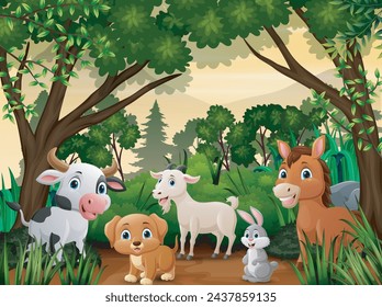 Cute farm animals cartoon in the jungle