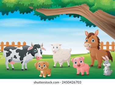 Cute farm animals cartoon in the jungle