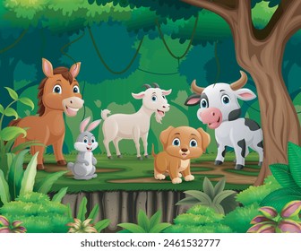 Cute farm animals cartoon in the jungle