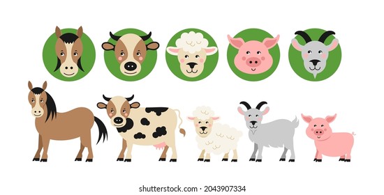 Cute farm animals. Cartoon pig, cow, horse, sheep, goat. Vector illustration