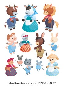 Cute farm animals in cartoon style. Vector illustration isolated on a white background. Set.