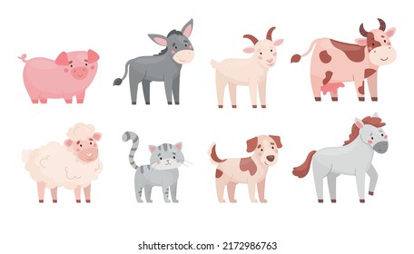 Cute farm animals in cartoon style. Collection of funny farm animals: cow, sheep, goat, donkey, horse, pig, cat, dog. Set of isolated vector flat illustrations on white background