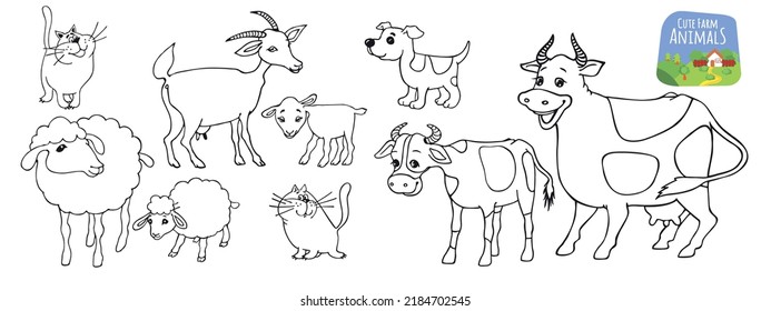 Cute farm animals. Cartoon style. Funny cartoon character. Cute baby animals set. Village landscape. Farm animals.