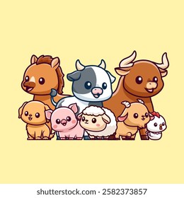 Cute Farm Animals Cartoon Vector Icon Illustration. Animal Nature Icon Concept Isolated Premium Vector. Flat Cartoon Style