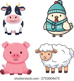 Cute farm animals cartoon vector set featuring cow, pig, sheep and chicken. Adorable animal characters perfect for kids books, nursery decoration and educational designs.