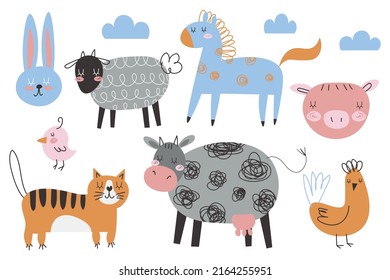 Cute Farm Animals Collection, Colored Vector Illustrations Of Cow, Pig, Sheep With Textured Effect. Colored Doodle Drawing Isolated On White Background. Domestic Animals With Face Expressions EPS