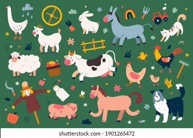 Cute farm animals collection, flat animal illustration, cow, sheep and rooster with face expressions, cartoon characters for kids isolated, big bundle, flat vector cliparts.