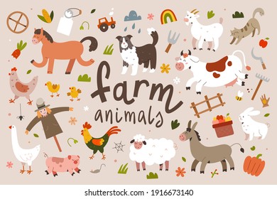 Cute farm animals collection, flat animal illustration, cow, sheep and rooster with face expressions, cartoon characters for kids isolated, big bundle, flat vector cliparts.