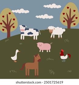 Colección de animales de granja lindos, ilustración de animales planos