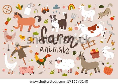 Cute farm animals collection, flat animal illustration, cow, sheep and rooster with face expressions, cartoon characters for kids isolated, big bundle, flat vector cliparts.