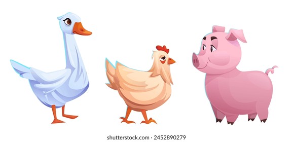 Cute farm animals collection - goose, chicken and pig. Cartoon vector illustration set of funny domestic barnyard zoo characters. Livestock mammal and bird icon. Country husbandry piglet and poultry.