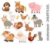 Cute farm animals collection with pig, cow, horse, sheep, goat and other characters. Doodle countryside animals set in cartoon style for kids and baby design. Vector illustration.