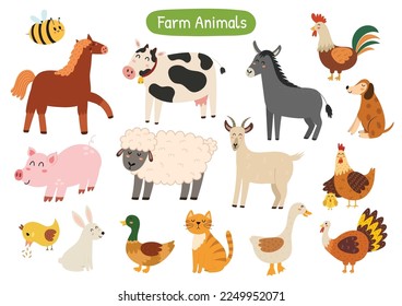 Cute farm animals collection with pig, cow, horse, sheep, goat and other characters. Doodle countryside animals set in cartoon style for kids and baby design. Vector illustration