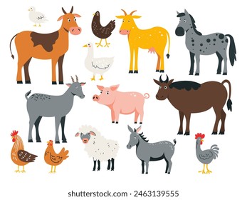 Cute farm animals collection with pig, cow, horse, sheep, goat and other characters. Doodle countryside animals set in cartoon style for kids and baby design. Vector illustration.