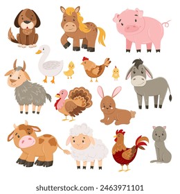 Linda colección de animales de granja con cerdo, vaca, caballo, oveja, cabra y otros personajes. Doodle animales de campo ambientados en estilo de dibujos animados para niños y diseño de bebé. Ilustración vectorial.