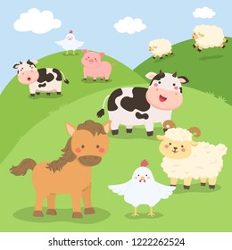 Cute Farm Animals Collection Set with Cow, Horse, Chicken, Sheep, Pig Cartoon on Field Background Vector Illustration