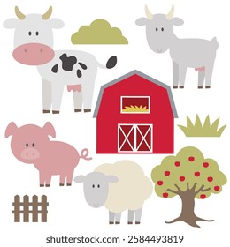 Cute farm animals collection vector cartoon illustration