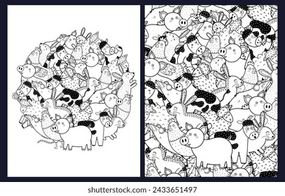 Cute farm animals coloring pages set. Black and white templates bundle with funny farm characters. Pig, cow, hen and more. Outline background. Vector illustration