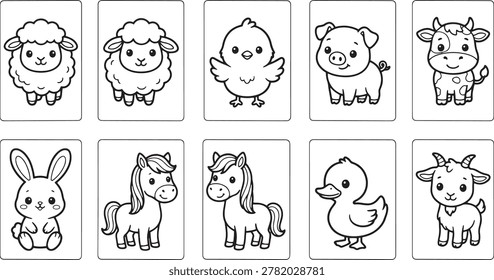 Cute Farm Animals Coloring Pages for Kids – Cartoon Sheep Bunny Cow Duck Pig Goat Horse Chick Line Art Set

Cute farm animal coloring pages collection for kids featuring sheep, bunny, horse, pig, duck, goat, chick, and cow. Simple cartoon line art illustrations perfect for children’s coloring books, printable worksheets, preschool activities, and educational materials.