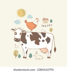 Cute Farm animals. Cow, bunny, hen, chicken. Hand drawn cartoon vector illustration. Vintage style  