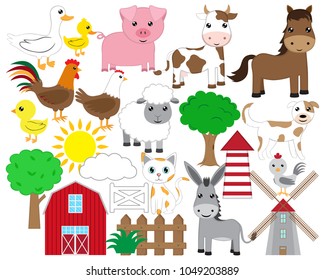 Cute farm animals. Cow, horse, pig and many more.