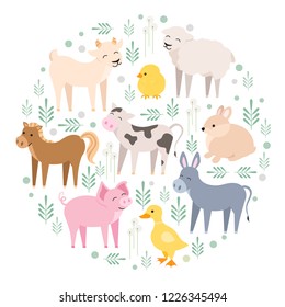 Cute farm animals cow, pig, lamb, donkey, bunny, chick, horse, goat, duck isolated. Domestic animals kid set in round composition vector illustration