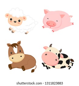 Cute farm animals cow, pig, sheep and horse. Vector illustration.