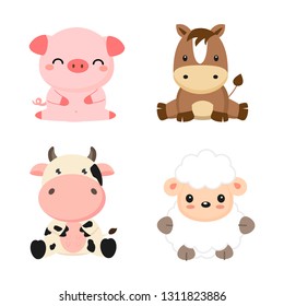 Cute farm animals cow, pig, sheep and horse. Vector illustration.