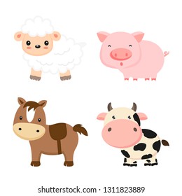 Cute farm animals cow, pig, sheep and horse. Vector illustration.