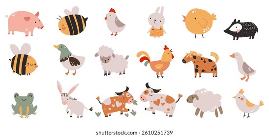 Cute farm animals cow and sheep, rooster funny characters. Educational children illustration for books, journals. Farmyard barn still village life.