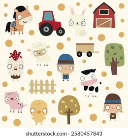 Cute farm animals and farmer vector clipart