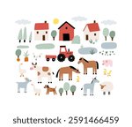Cute farm animals in flat style. Hand-drawn country animals on farm. Childish character. Cartoon flat graphic vector poster or card