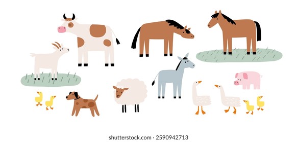 Cute farm animals in flat style. Hand-drawn country horse, cow, sheep, goose, dog, pig, donkey. Childish character. Cartoon flat graphic vector illustrations