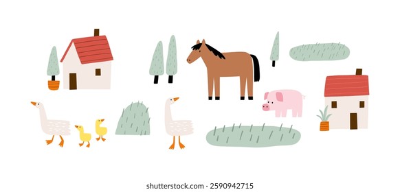 Cute farm animals in flat style. Hand-drawn country horse, cow, sheep, goose, dog, pig, donkey. Childish character. Cartoon flat graphic vector illustrations