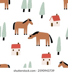 Cute farm animals in flat style. Hand-drawn country horse. Childish character. Cartoon flat graphic vector seamless pattern