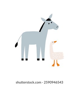 Cute farm animals in flat style. Hand-drawn country donkey and goose. Childish character. Cartoon flat graphic vector illustrations