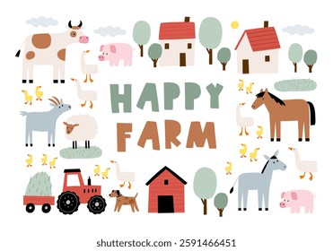 Cute farm animals in flat style. Hand-drawn country animals on farm. Childish character. Cartoon flat graphic vector poster or card
